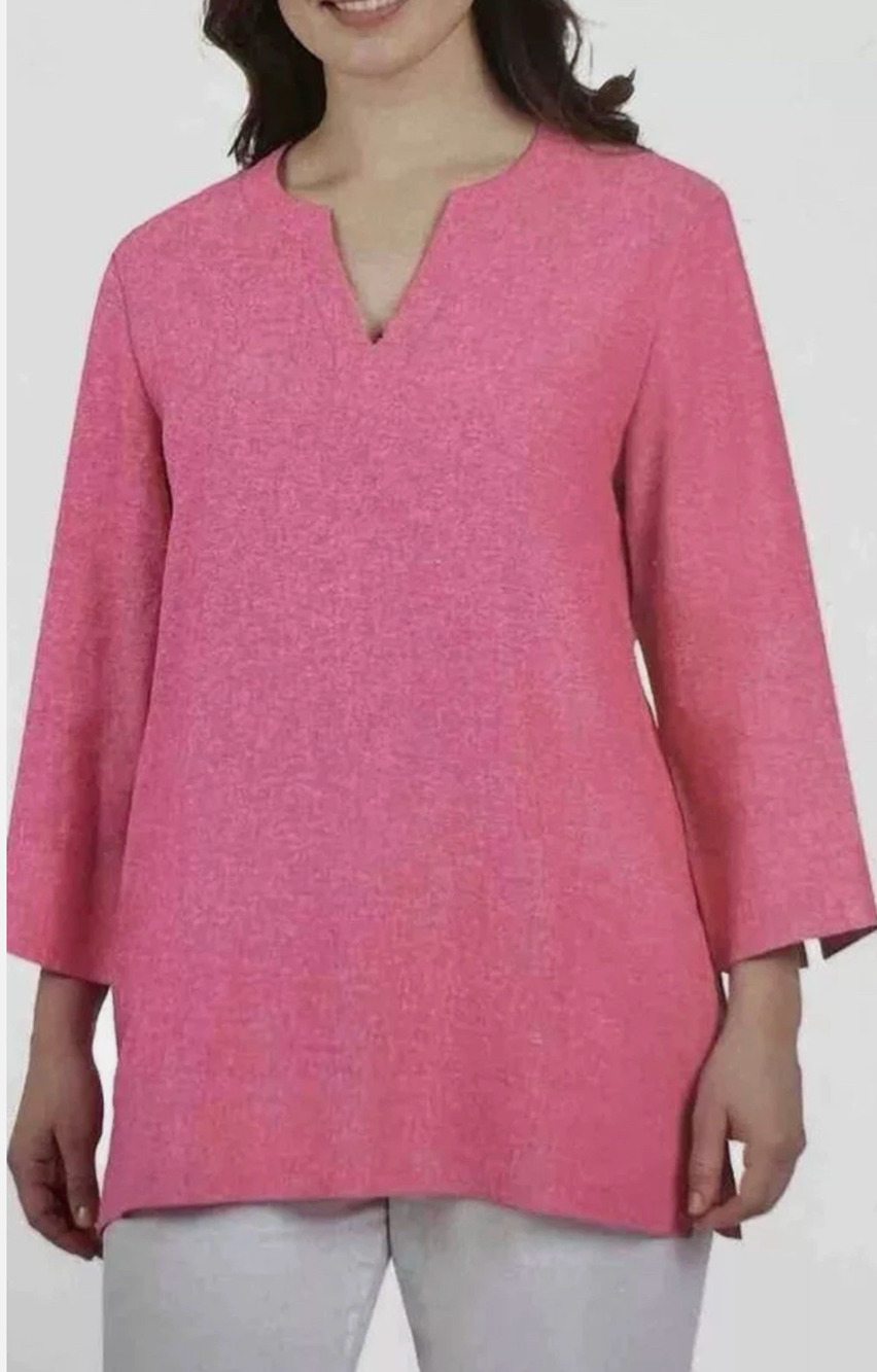 Lands End Women's M Linen Blend Popover Top Tunic Pink V-Neck Pockets Coastal